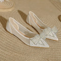 Spring Summer Lace Bowknot Ballet Flats Women Breathable Mesh Slip on Loafers Pointed Toe Rhinestone Bow Wedding Shoes Woman