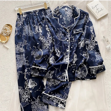 2025 Spring Autumn Classic Blue Constellation Women Pajama Ice Silk Two Piece Set Long Sleeve Pants Fashion Nightgown Sleepwear