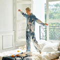 Blue Stone Pattern Real Silk Lapel Collar Pajamas 19MM 100% Mulberry Silk Button Tops & Pants Sleepwear 2 Piece Casual Homewear