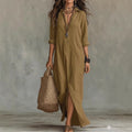 Women Dresses 2026 Spring/Summer Casual Solid Color Lapel Front Slit Long Dress Women's Clothing Vestidoes