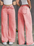 American Women's Blue Washed High-Waisted Straight-Leg Jeans Loose Fashion Front & Back Pockets Jeans Suitable Daily Casual Wear