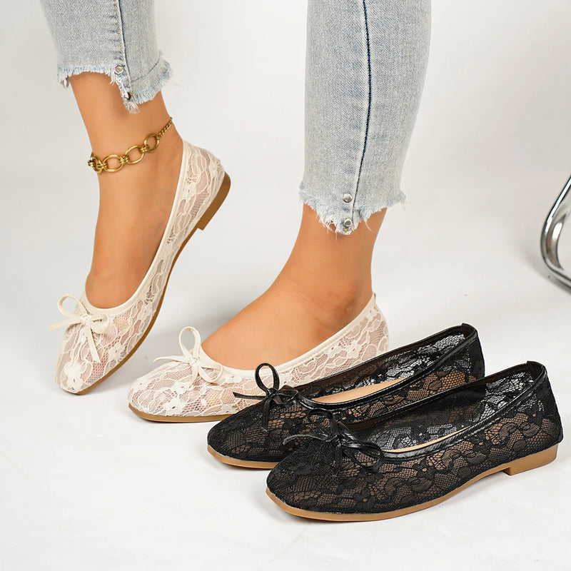 Women's Ballet Flat Women's Spring Summer Lace Mesh Breathable Square Ballet Flat Shoes 2026 New Solid Color Bow Decorative Casual Commuter Shoes