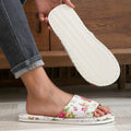 Women Floral Linen Slippers Flat Indoor Home Sandals Anti Slip Comfortable Casual Flax Slides Cute Rose Print House Shoes
