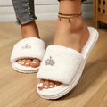 Fashion Crown Decoration Home Slippers for Women 2026 Winter Soft Sole Fluffy Slippers Warm Short Plush Open Toe Slides Shoes