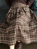 Women's Plaid Midi Skirt Elastic Waist Loose Pleated Long Flowy Mid Calf Skirt with Pockets 100% Polyester Vintage Casual