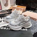 Women Silver Metallic Mesh Chunky Platform Sneakers Height‑increasing Lace‑up Breathable Patchwork Non‑slip Lightweight Ladies