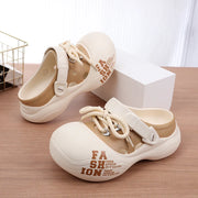 Women's Outdoor Chunky Platform Sandals Non-Slip Clogs Slides Flat Breathable Striped Shoelaces Closed Toe Thick Sole Slippers