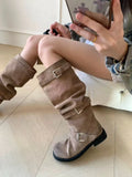 Women Thick Soled Knight Boots with Belt Buckle Decoration Short Boots Outdoor Wide Leg Women Boots Thick Heel Fashionable