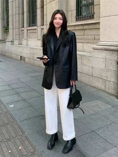 New Spring Autumn Women Elegant PU Leather Blazers Office Long Sleeve Jacket Blazer Slim Fit Lapel Flap Chic Women's Clothing