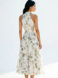 Elegant Floral Print Halter Neck Sleeveless Flowy Chiffon A-Line Long Dress For Women