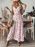 2026Women Floral Spaghetti Strap Maxi Dress V Neck Back Bow Tiered Ruffle Sundress Bohemian Summer Beach Casual Dress
