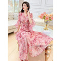 Korean Femme Sweet V-neck Dress Summer Lady Seven Divide Sleeve Long Dresses Women Fashion High Waisted Chiffon A-line Maxi Dres