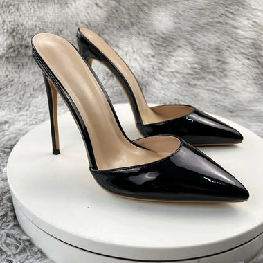 Black Lacquer leather glossy surface Slippers Pointed Toe Stiletto Sexy  Slip-On Luxury Bling  Shoes Hot Fashionable High Heels