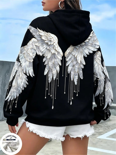 Women Fleece Hoodie Angel Wings Back Print Long Sleeve Loose Casual Warm Hooded Sweatshirt