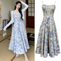 Slim Fit French Blue Oil Painting Slip Dress Spaghetti Strap Waist-Cinching Women's Floral Long Skirt Beach Vacation