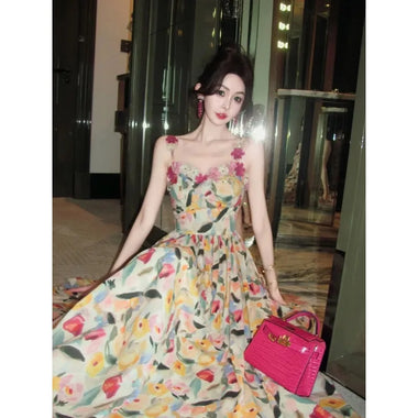 Women Oil Painting Floral Print 3D Flower Spaghetti Strap Dress Rhinestone Slim Fit A Line Long Dress For Party Holiday