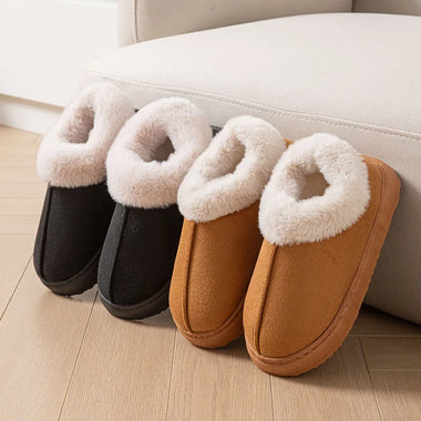Fluffy Slippers Women Home Faux Suede Winter Furry Collar Closed Back Platform Shoes Unisex Couple Plush Indoor Slides Non-Slip