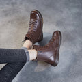 DRKANOL Women Genuine Leather Short Boots Round Toe Genuine Leather Handmade Retro Street Style Winter Warm Flats Ankle Boots
