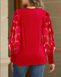 Women Round Neck Pleated Blouse Solid Color Mesh Patchwork Elegant Office Top