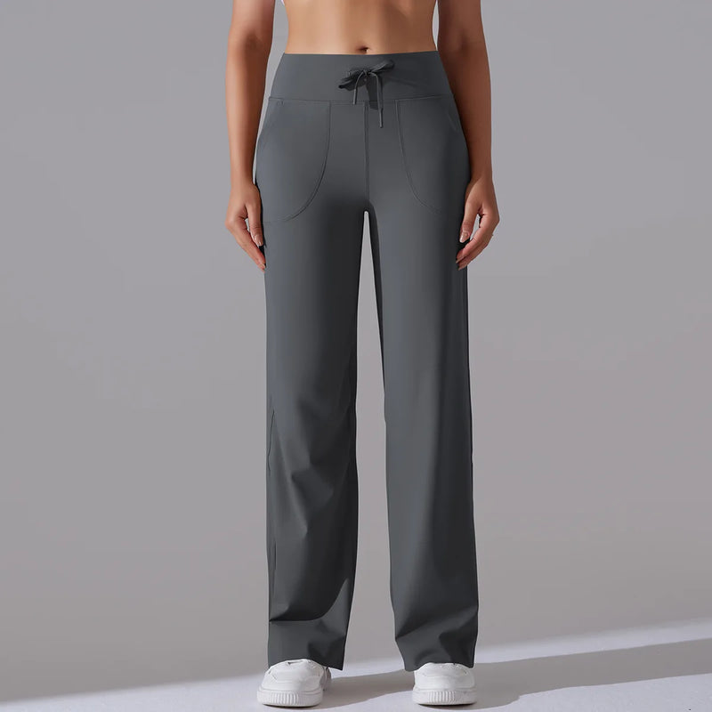 Women Influencer Drawstring Wide Leg Yoga Pants, High Waist Naked Feel Loose Trousers With Dual Side Pockets Versatile Fitness P