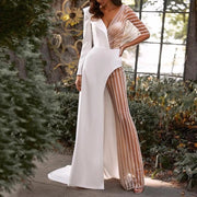 Long Elegant Dresses Women'S Lace Lace Hot Gold Deep V Long Sleeve Slit Irregular Dress Gown Abiti Da Festa