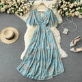 19 Colors Summer Floral Print V-neck Waist-cinching Chiffon Long Dress Women 2025 Trendy Elegant Casual Vacation Beach Dresses