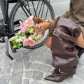 Women Pointed Toe Knee High Boots Double Buckle Strap Stiletto Heel Leather Slouch Thigh High Boots Fashion Party Boots