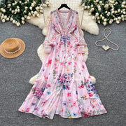 Women's Deep V-Neck Bohemian Dress Long Sleeve Floral Print Ruffle Hem Casual Spring Summer Runway Style Sweet Cascading Dress