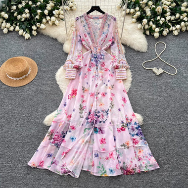 Women's Deep V-Neck Bohemian Dress Long Sleeve Floral Print Ruffle Hem Casual Spring Summer Runway Style Sweet Cascading Dress