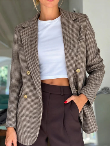 Women Plaid Blazer Double Breasted Lapel Long Sleeve Suit Jacket Vintage Check Blazer Gold Buttons Loose Fit Office Casual