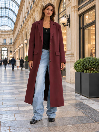 Women Blazer Women Vinatge Burgundy Long Blazer Jacket with Flap Pockets Single Breasted Lapel Collar Trench for Office Lady Autumn Outerwear