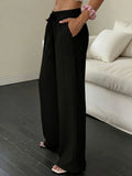 Women Pleated Fake-Drawstring Wide Leg Pants Elastic High Waist Loose Trousers Soft Breathable Casual Yoga Pants With Pockets