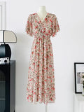 Women Summer V Neck Floral Print Chiffon Maxi Dress Short Sleeve High Waist A Line Long Dress Elegant Casual Party Vestidos