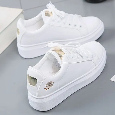 Women Leather Pu Casual Shoes New 2026 Woman Shoes Fashion Embroidered White Sneakers Breathable Flower Lace-Up Women Sneakers
