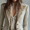 2026 European Women Flare Sleeve Blazer Velvet Pocket Print Notch Lapel Long Sleeve Suit Jacket