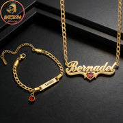 Custom Baby Name 35cm Necklace Bracelet Jewelry Set with Birthstone Engraved Children's Name Bracelet for Mom Kid Birthday Gift