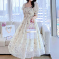 Korean Elegant Fashion Chiffon Dress Summer French Vintage Floral Dress Square Collar Puff Short Sleeve Ink Painting Dress 20827