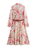 ZOCI Elegant Womens Floral Print Long Dress Bow Neck Long Sleeve Waist Belt Casual Weekend Party Summer Beach Vacation Dress