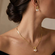 Ins Style Heart Imitation Pearl Disc Necklace Earrings Set for Women Classical Gold Color Snake Bone Chain Party Jewelry Gift
