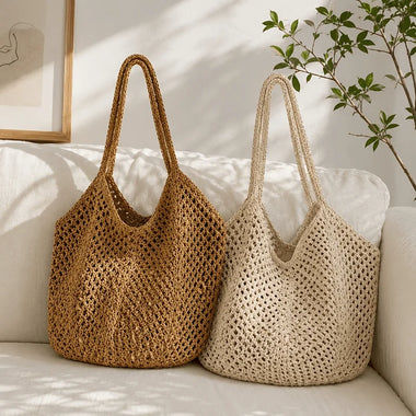Women Tote Women Large‑Capacity Woven Tote Bag, Light Breathable Open‑Top Shoulder Handbag for Beach Travel Shopping Commute Daily Use