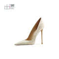 2025 leather high heels pointed light mouth nude stone pattern sexy temperament celebrity professional single shoes