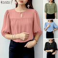Women Summer Blouse ZANZEA Elegant Solid Color OL Work Shirt Casual O Neck Short Sleeve Tops Stylish Pleated Mujer Holiday Tunic