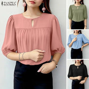 Women Summer Blouse ZANZEA Elegant Solid Color OL Work Shirt Casual O Neck Short Sleeve Tops Stylish Pleated Mujer Holiday Tunic