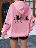 Women Loose Hooded Sweatshirt Cute Sitting Cat Group Back Sleeve Graphic Print Soft Warm Pet Lover Street Daily Casual Hoodie