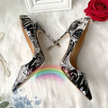Autumn new style open toed slim heel 12cm black and white personalized graffiti patent leather pointed high heels single shoe
