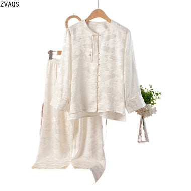 ZVAQS 100% Real Mulberry Silk Pajamas Sets Woman Breathable Sleepwear Printing Loungewear Women Clothing Пижама Chinese Style
