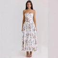 Women's White Floral Print Corset Maxi Dress Spaghetti Strap Pleated A-Line Summer Elegant Long Vacation Gown