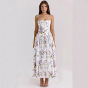 Women's White Floral Print Corset Maxi Dress Spaghetti Strap Pleated A-Line Summer Elegant Long Vacation Gown