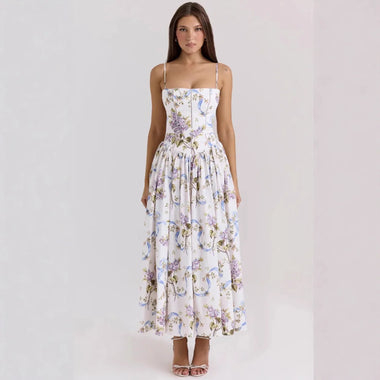 Women's White Floral Print Corset Maxi Dress Spaghetti Strap Pleated A-Line Summer Elegant Long Vacation Gown