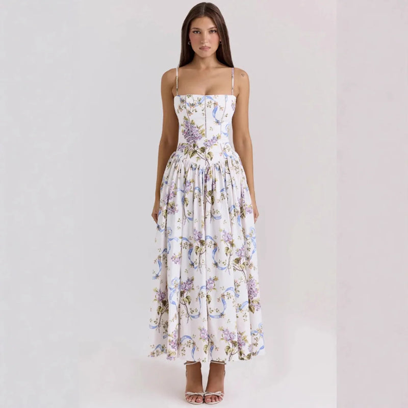 Women's White Floral Print Corset Maxi Dress Spaghetti Strap Pleated A-Line Summer Elegant Long Vacation Gown